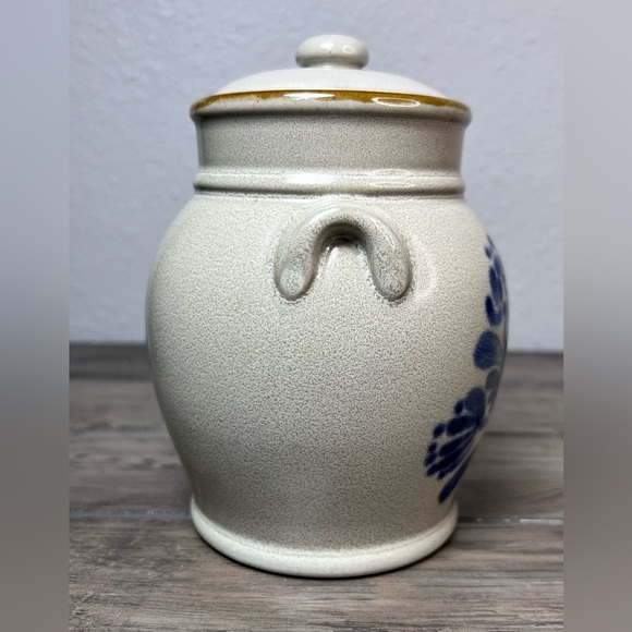 VINTAGE PRESTIGE PLACE GINGER JAR CROCK w/LID Folk Art Blue Floral Pottery Japan - Picture 8 of 8